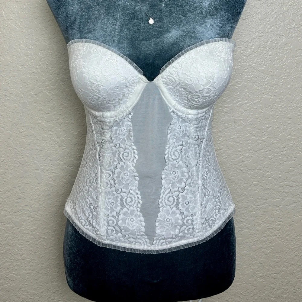 Maidenform White Lace Cups & Side Front Strapless Underwire Boned Bustier - 36A - Picture 2 of 9